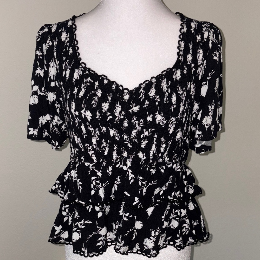 June & Hudson Monochrome Floral Peplum Blouse